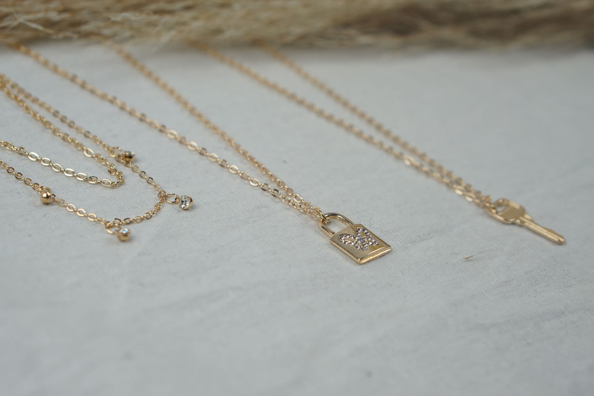 Gold Diamante Lock &amp; Key Layered Necklace