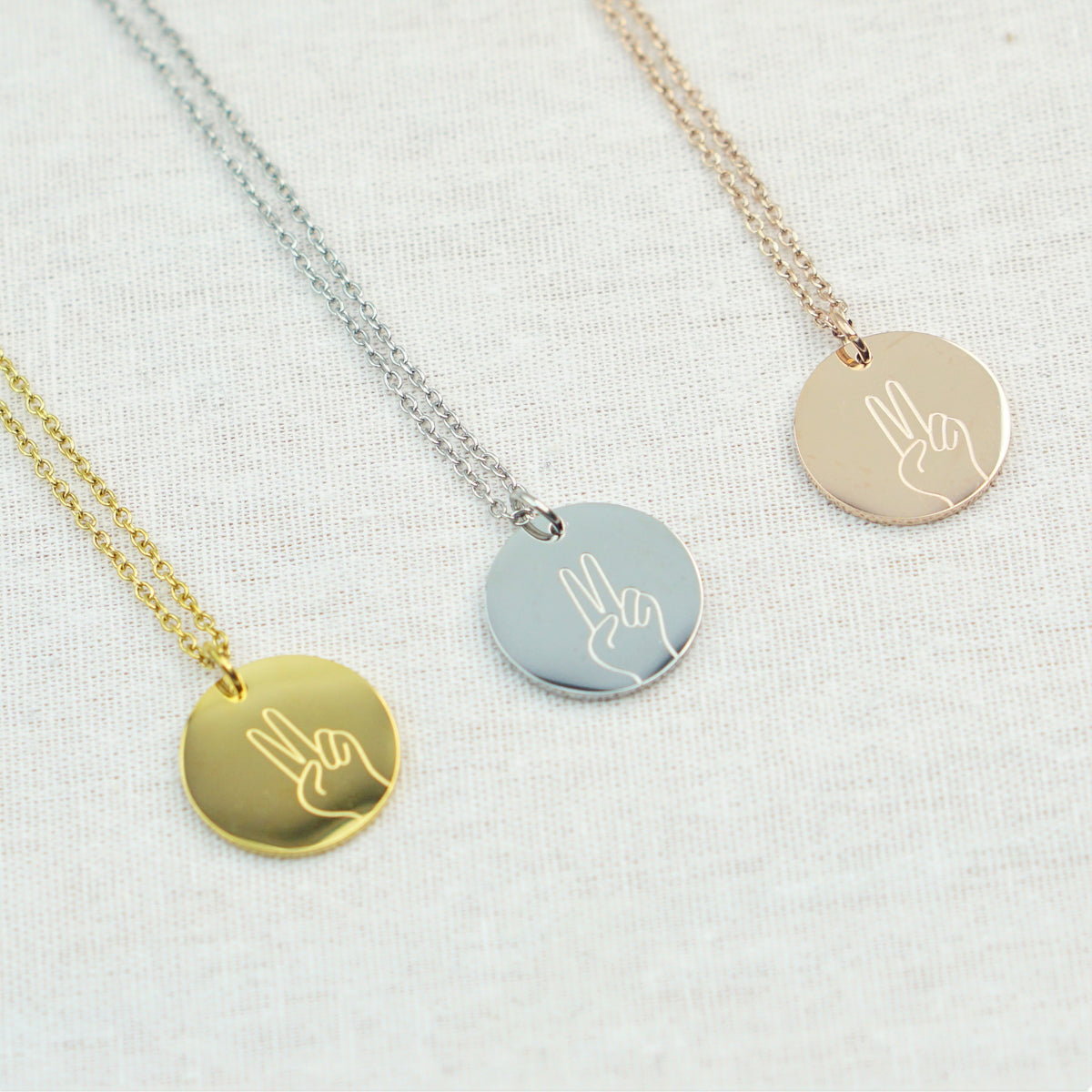 Peace Hand Sign Engraved Disc Necklace