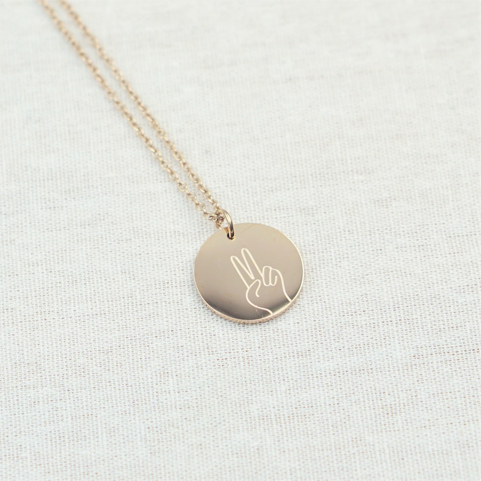 Peace Hand Sign Engraved Disc Necklace