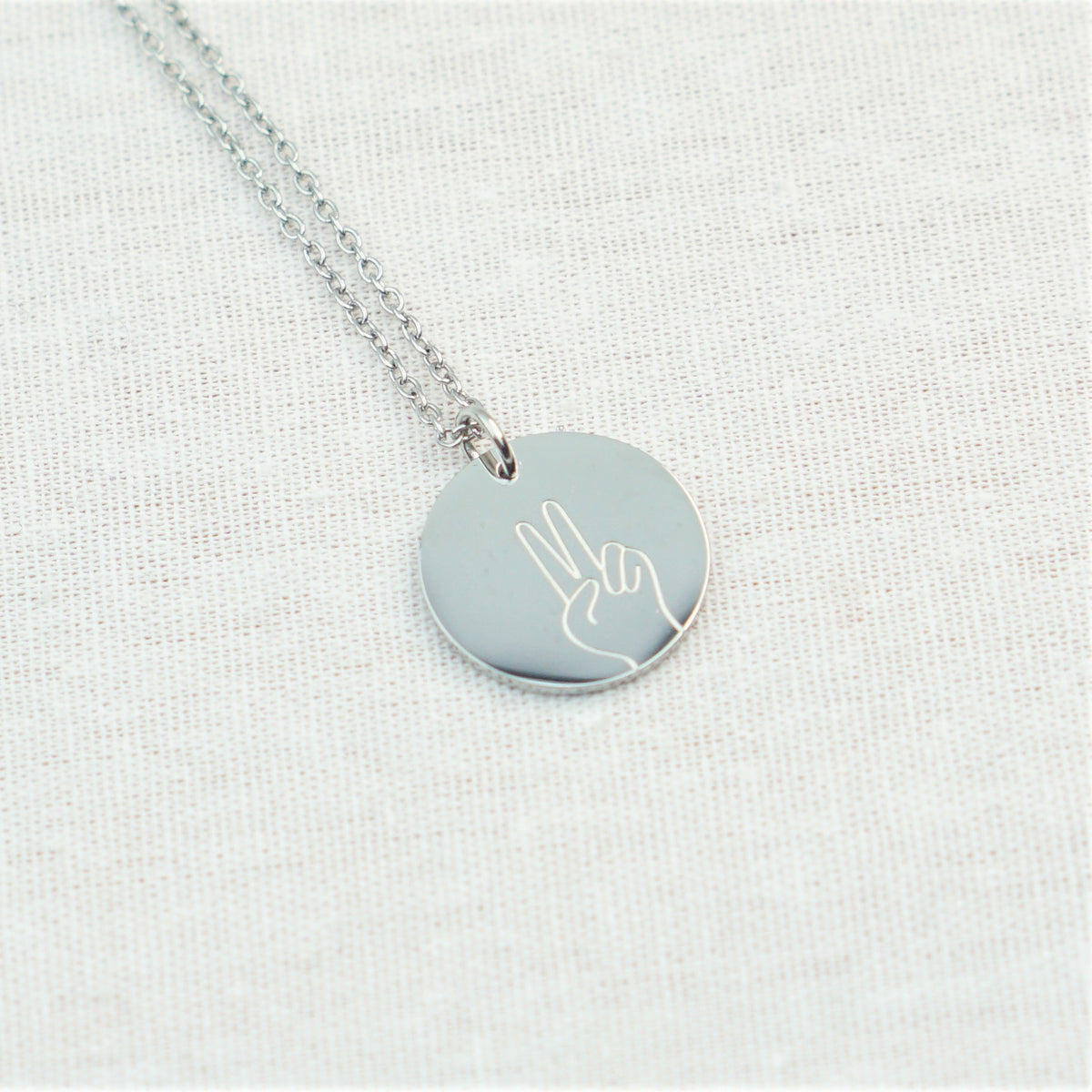 Peace Hand Sign Engraved Disc Necklace
