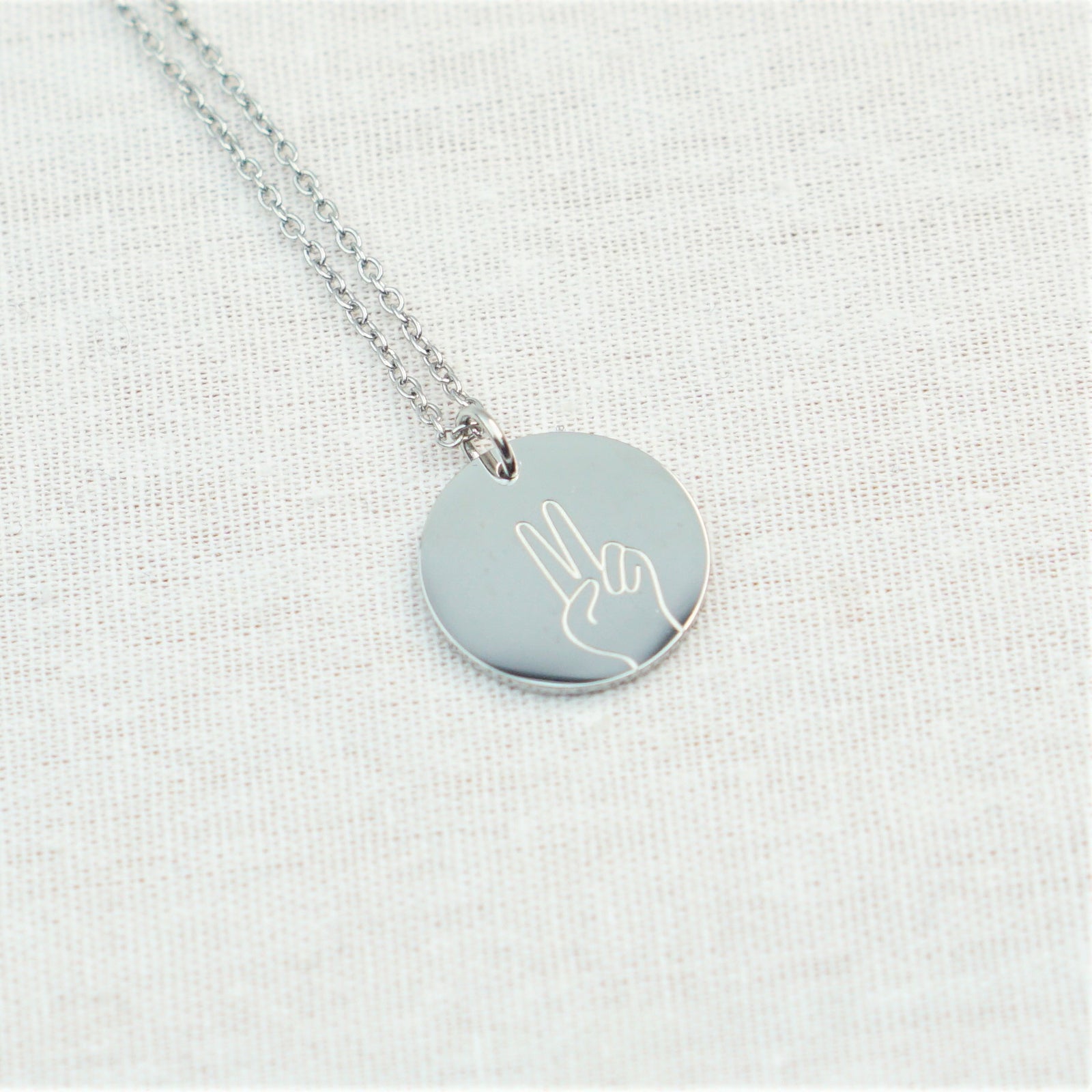 Peace Hand Sign Engraved Disc Necklace