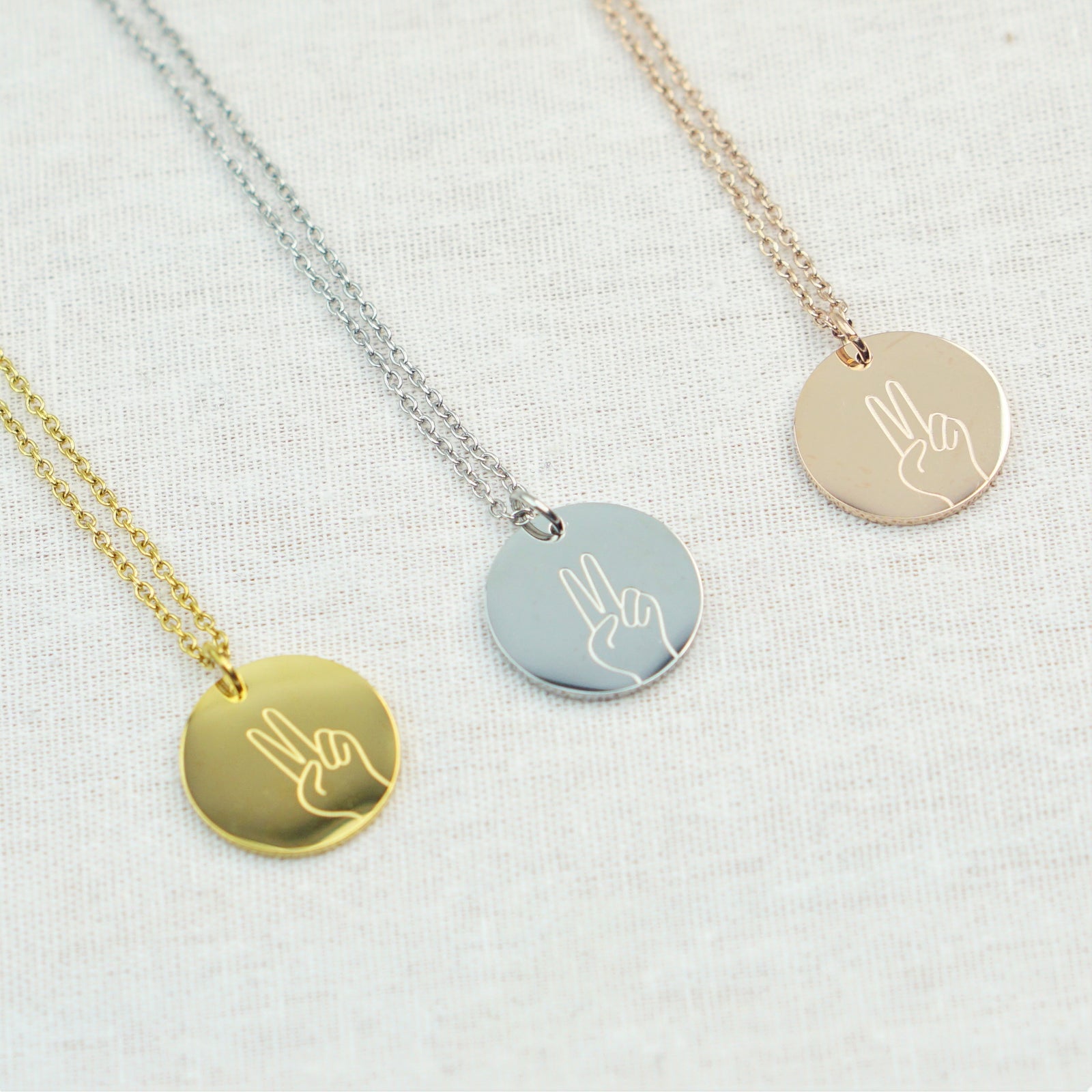 Peace Hand Sign Engraved Disc Necklace